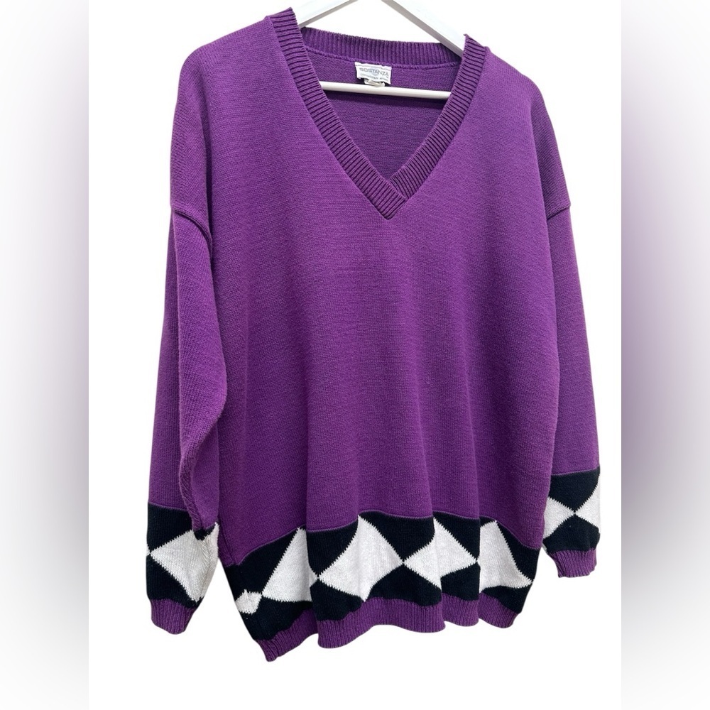 Vintage Sostanza Purple V-Neck Sweater with Geometric Pattern 80’s 90’s Retro - Picture 2 of 7